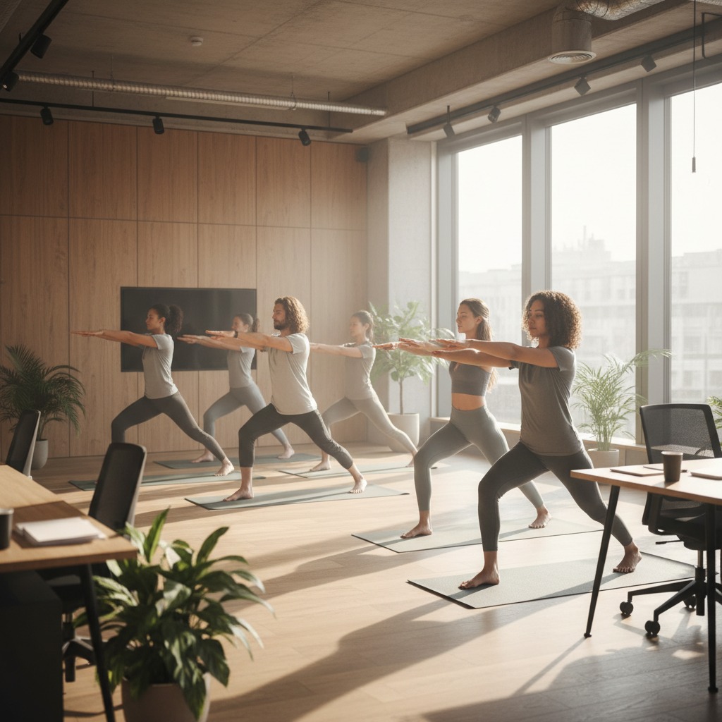 Un grupo de personas practica yoga en una oficina moderna realizando la postura del guerrero sobre sus esterillas.