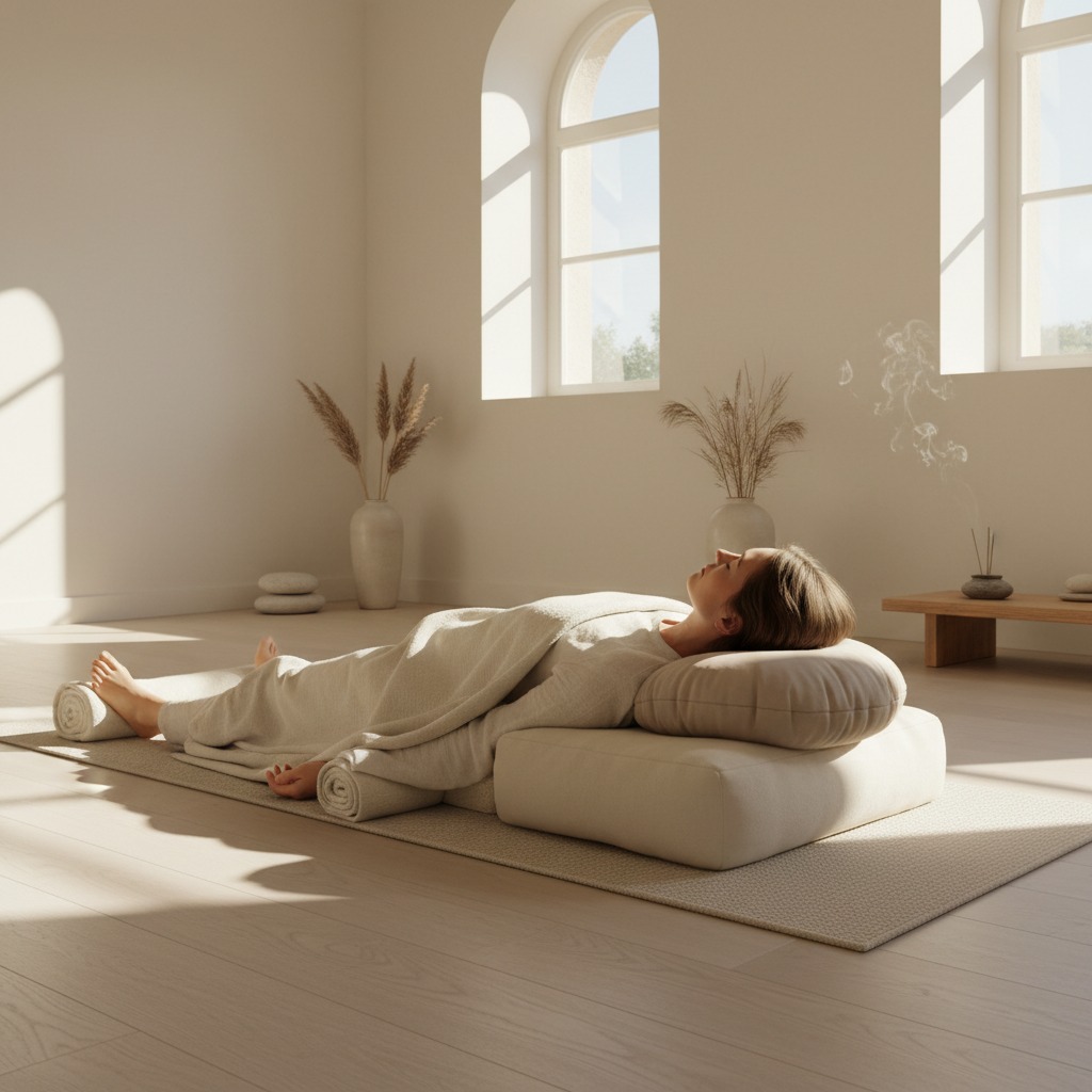 Una mujer descansa relajada sobre una colchoneta en una habitación luminosa con decoración minimalista y tonos neutros.