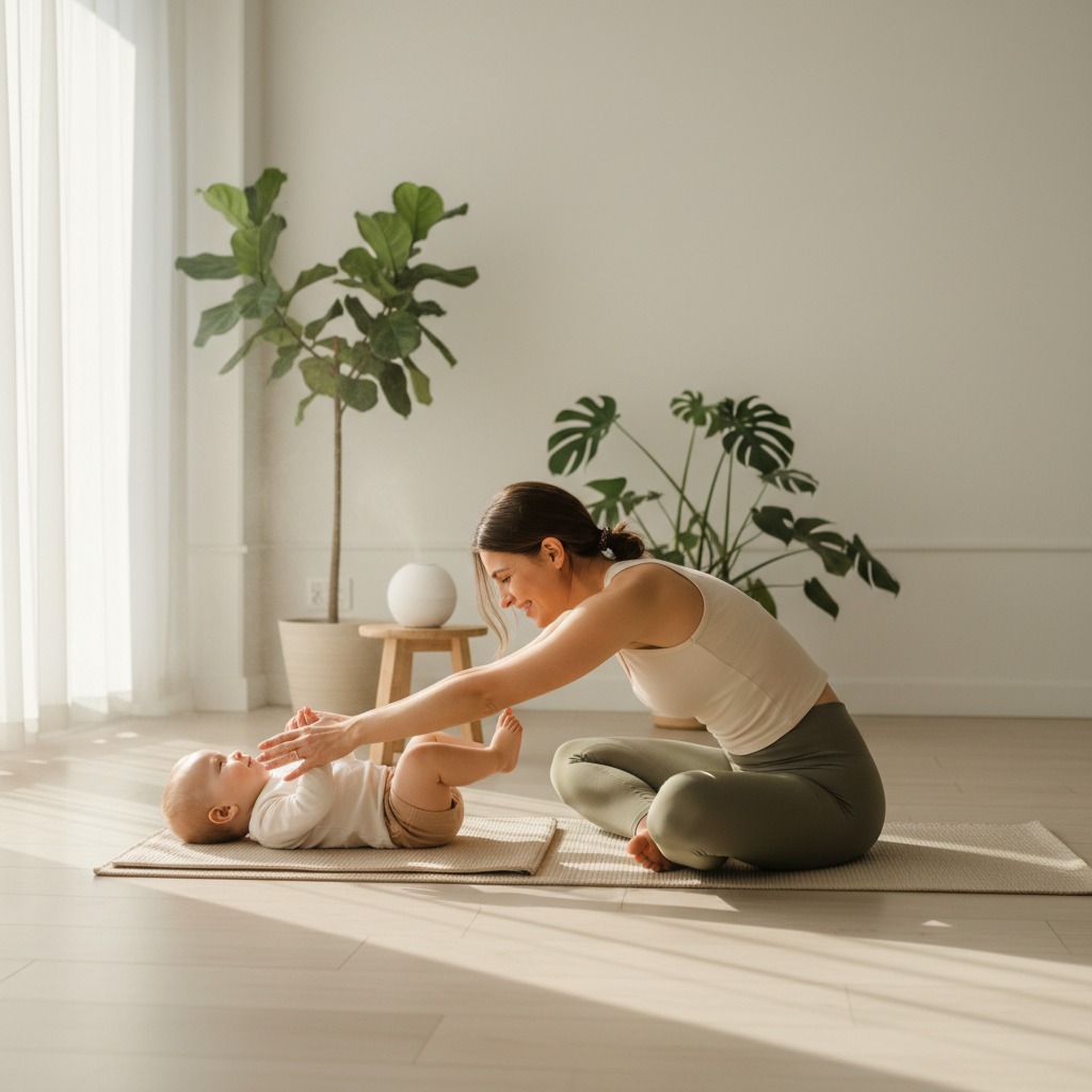 Una mujer sentada en una esterilla de yoga juega con su bebé que está acostado frente a ella en una habitación iluminada por el sol.